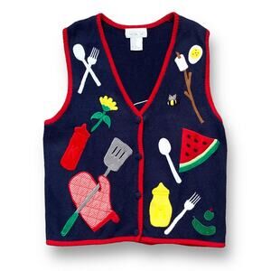 Vintage Watermelon Picnic Knit Vest Navy Blue Red Novelty Large Whimsical